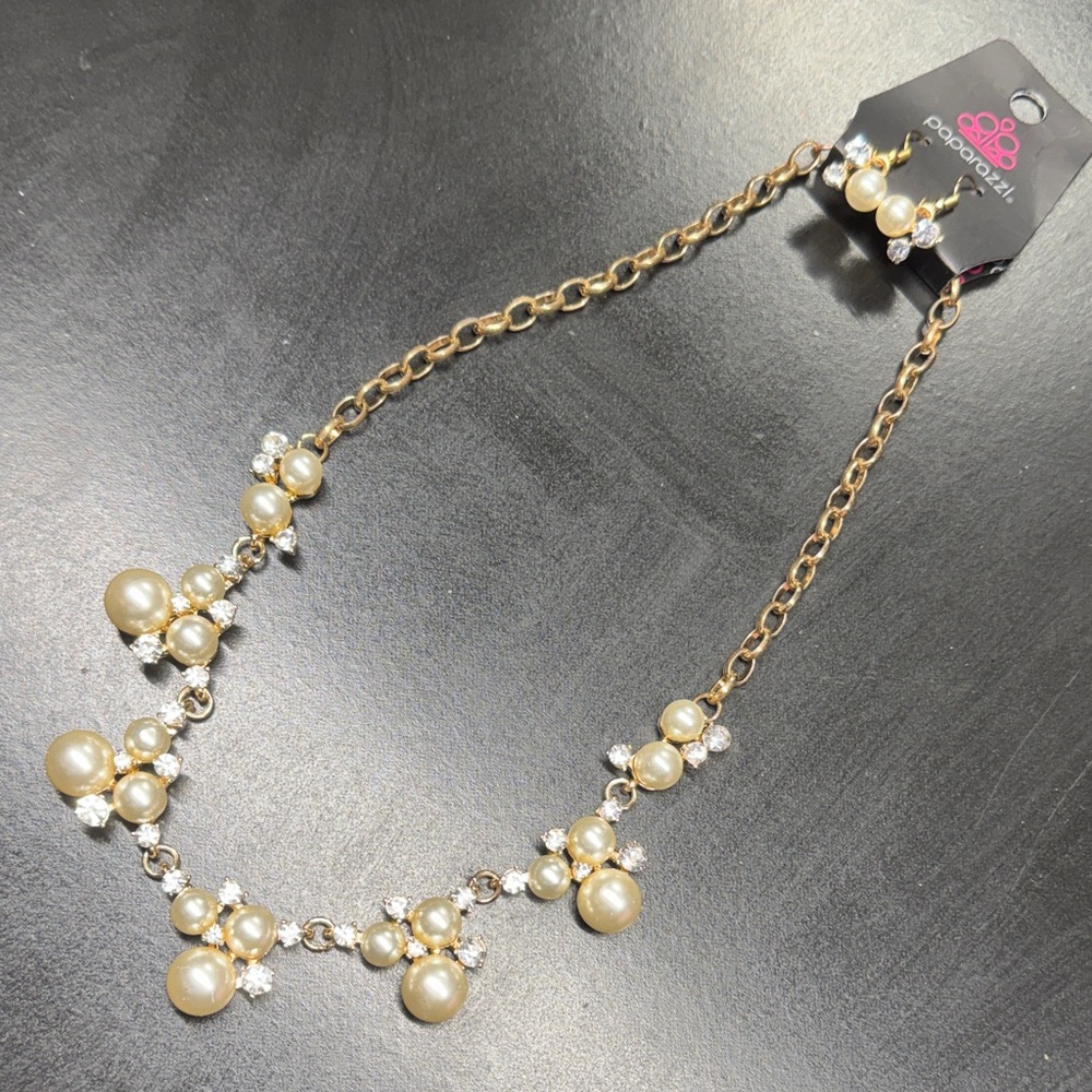 Paparazzi Earrings and Necklace Set Gold Tone Chain Cream Pearls Faux Diamonds